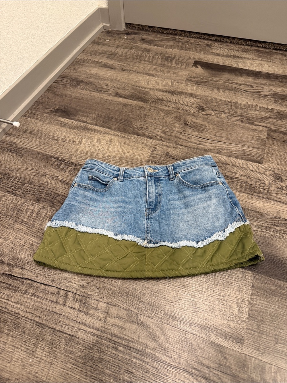 Forever 21 Blue Denim Mini Skirt with Olive Quilted Hem